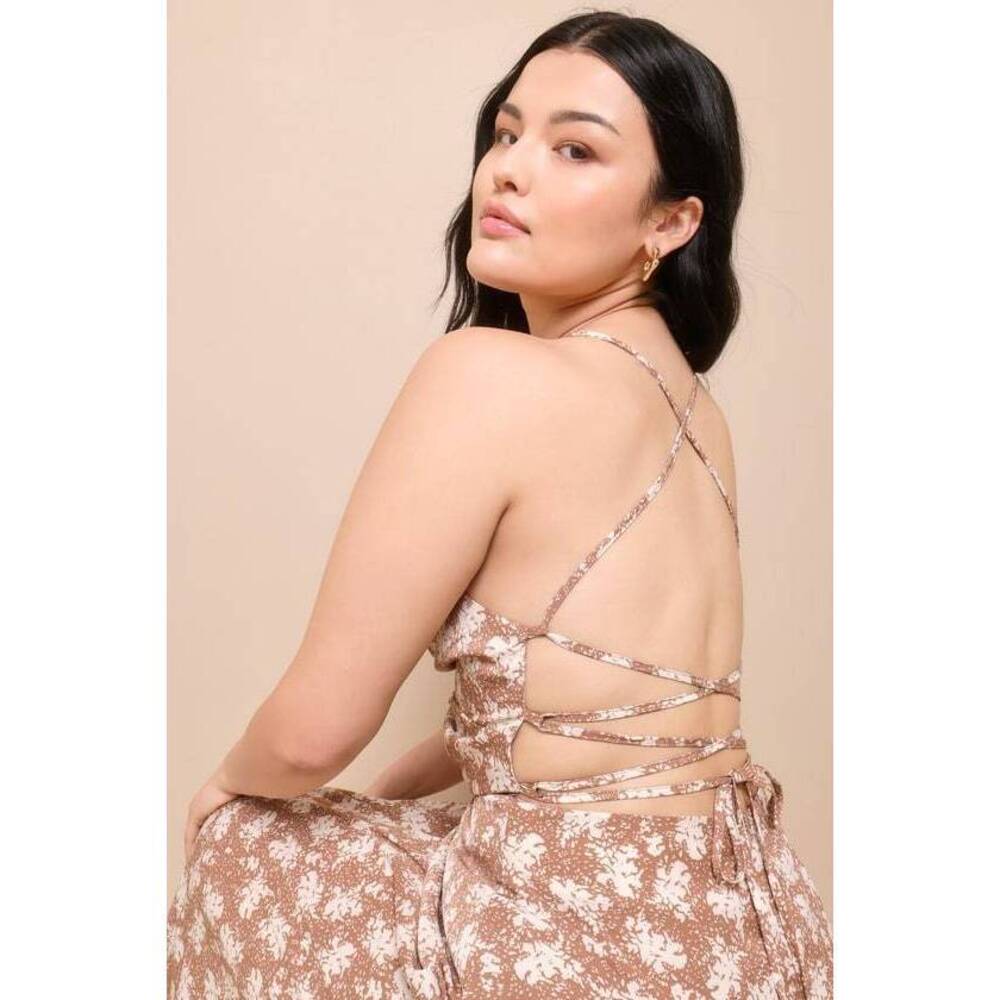 Lulus Picturesque Moments Brown Floral Print Strappy Maxi Dress - Size L